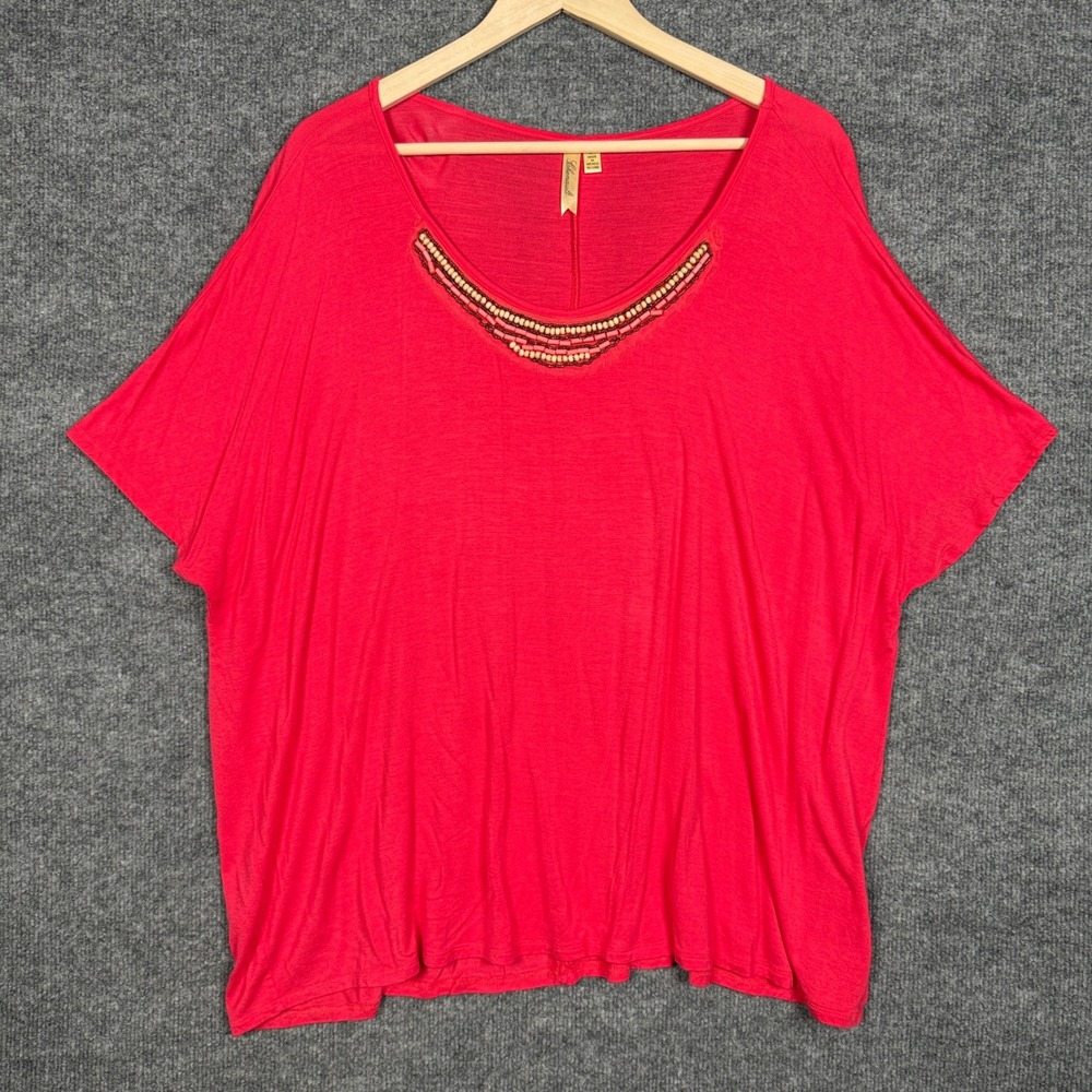 Ghenault Plus Size 2X Top Blouse Red Beaded Winged Cross Rustic Asymmetrical